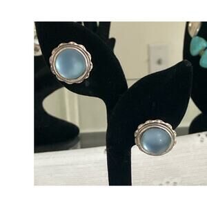 VTG Blue Cat's Eye Glass Silver Tone Pierced Earrings Signed RRS